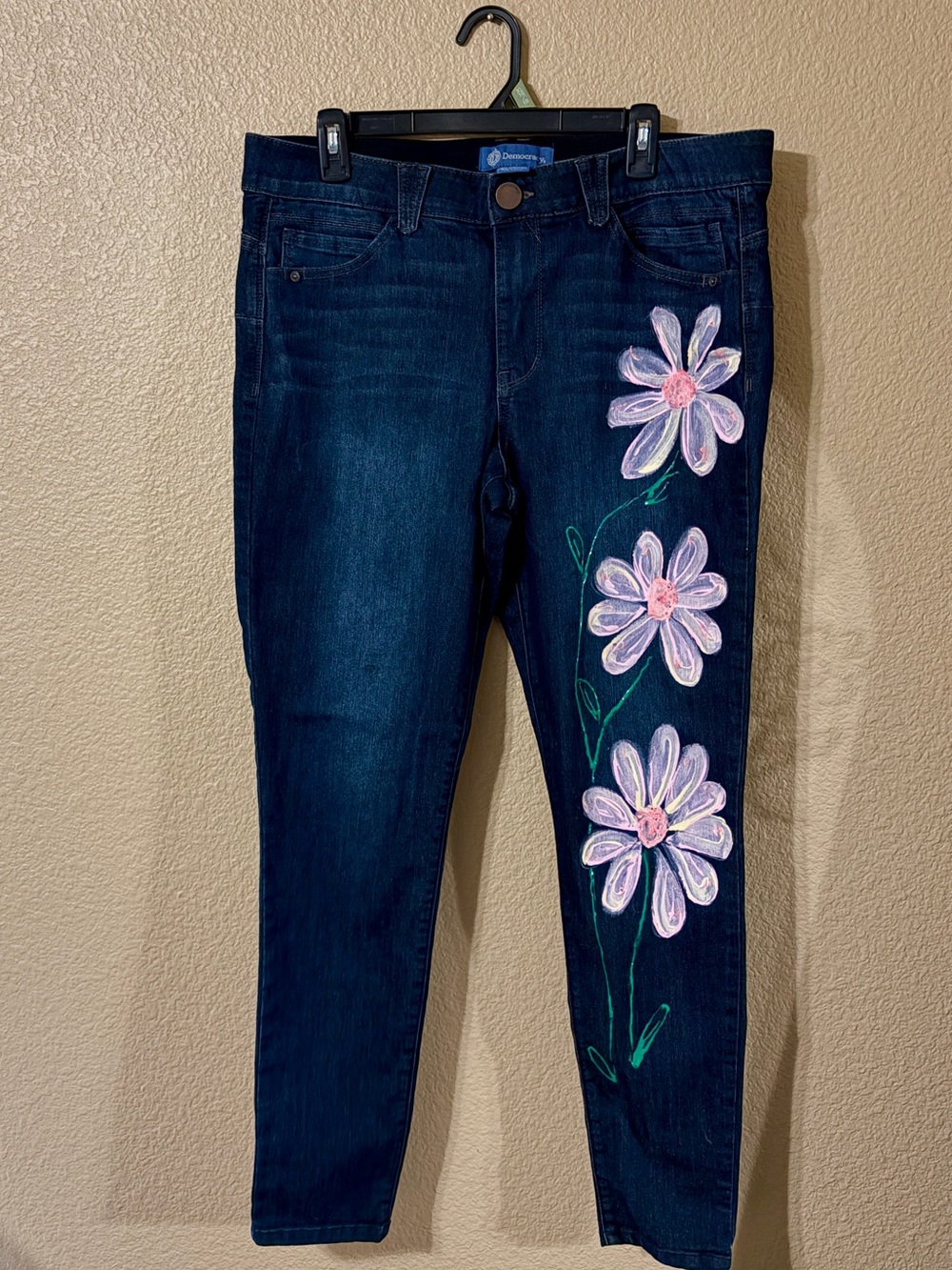 Democracy Dark Blue Skinny Jeans with Pink Floral Paint